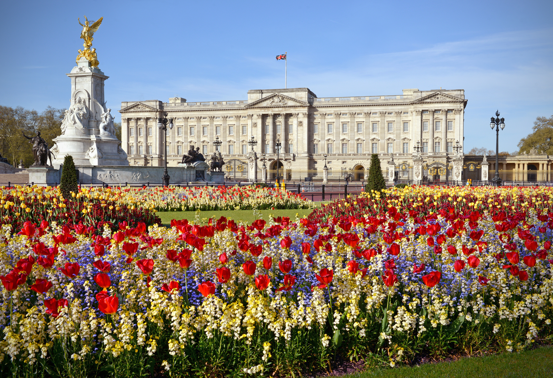 Der Buckingham Palace ist mit seinen Frühlingsblumenbeeten im Frühling ein richtiger Magnet für Touristen