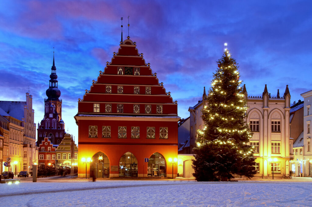 Ein großer Weihnachtsbaum vor dem Rathaus von Greifswald