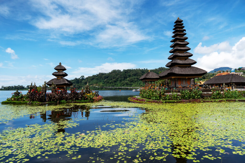 Pura Ulun Danu Bratan Wassertempel auf Bali, im Vordergrund schwimmende Seerosen auf dem See.