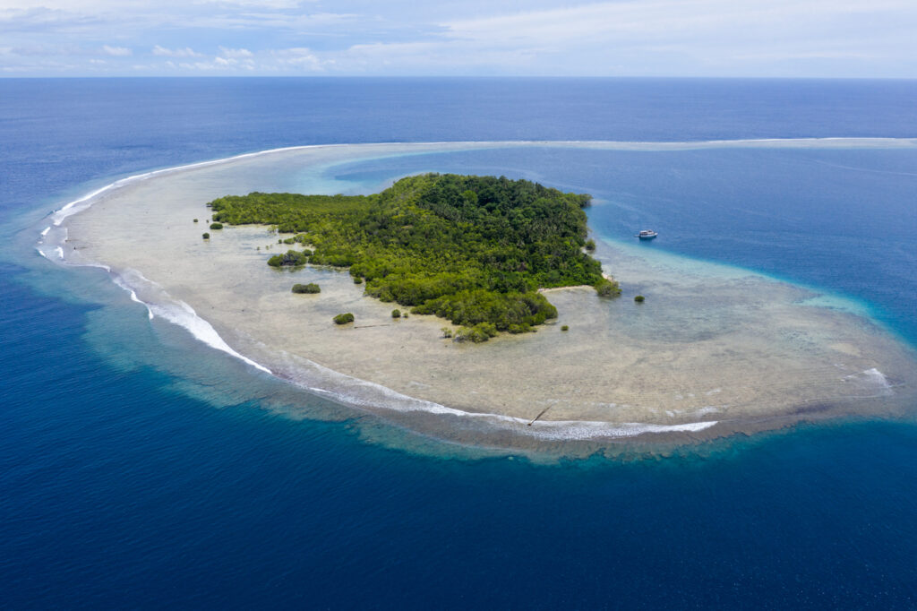 Luftaufnahme: kleine bewaldete Insel mit umlaufendem Korallenriff, türkisfarbene Lagune und Boot.