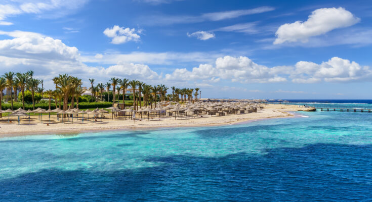 Strand von Marsa Alam mit Palmen, Sonnenschirmen und türkisblauem Meer.