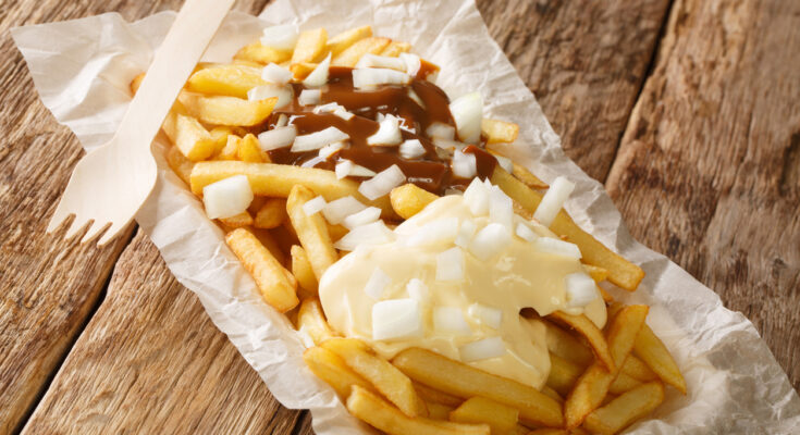 Niederländisches Patatje Oorlog, Pommes mit Mayonnaise, Erdnusssauce und gehackten Zwiebeln, serviert in Papier.