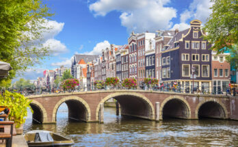 Amsterdam-Gracht mit Brücke, Fahrrädern und Giebelhäusern