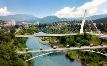 Blick auf die schrägseilverspannte Millennium-Brücke in Podgorica über dem türkisfarbenen Fluss Morača, darunter die geschwungene Moskva-Fußgängerbrücke, umgeben von viel Grün, Stadtvierteln und Bergen.