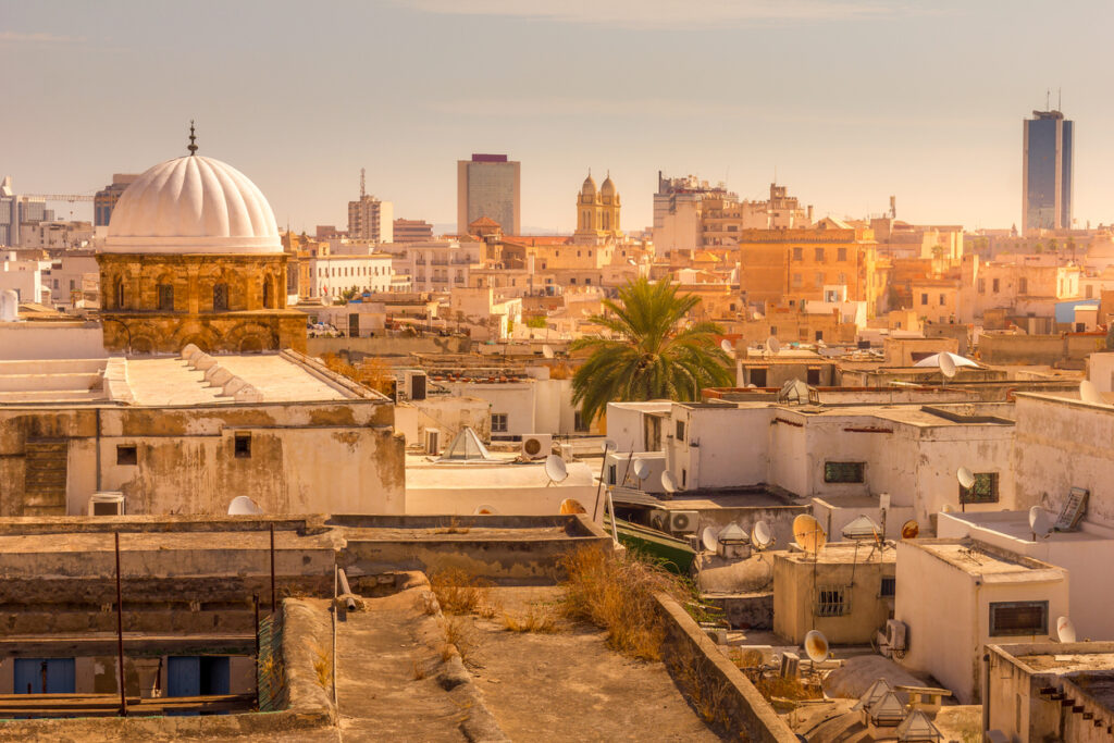 Blick über die Dächer der Medina von Tunis mit weißer Kuppelmoschee, Palmen und moderner Skyline im warmen Abendlicht.
