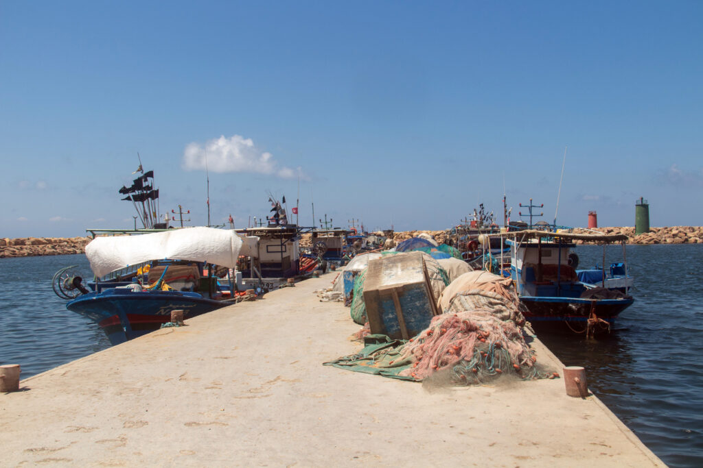 Pier im Hafen Nabeul mit beidseitig festgemachten Fischerbooten, aufgehäuften Netzen sowie Mole mit roten und grünen Seezeichen unter blauem Himmel.