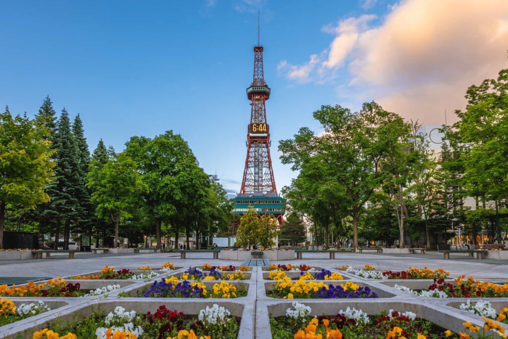 Sapporo TV Tower mit Blumenbeeten im Odori-Park unter blauem Himmel