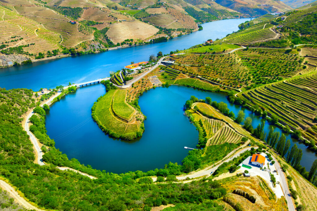 Luftaufnahme einer markanten Douro-Flussschleife in Nordportugal mit smaragdblauem Wasser, ringsum terrassierten Weinbergen, Landstraßen, kleinen Quintas und Bootssteg – spätsommerliche, klare Sicht.