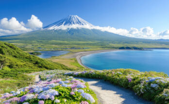 Majestätischer Mount Fuji in Japan mit schneebedeckter Spitze, grünen Ebenen, blauem See und blühenden Hortensien im Vordergrund.