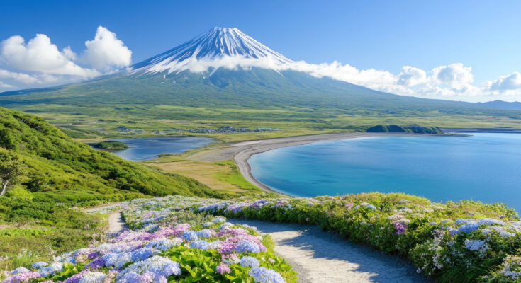 Majestätischer Mount Fuji in Japan mit schneebedeckter Spitze, grünen Ebenen, blauem See und blühenden Hortensien im Vordergrund.