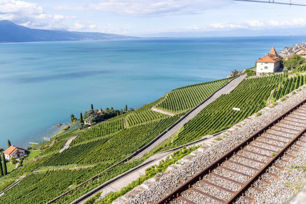 Lavaux-Terrassenweinberge über dem Genfersee mit Bahnschienen im Vordergrund