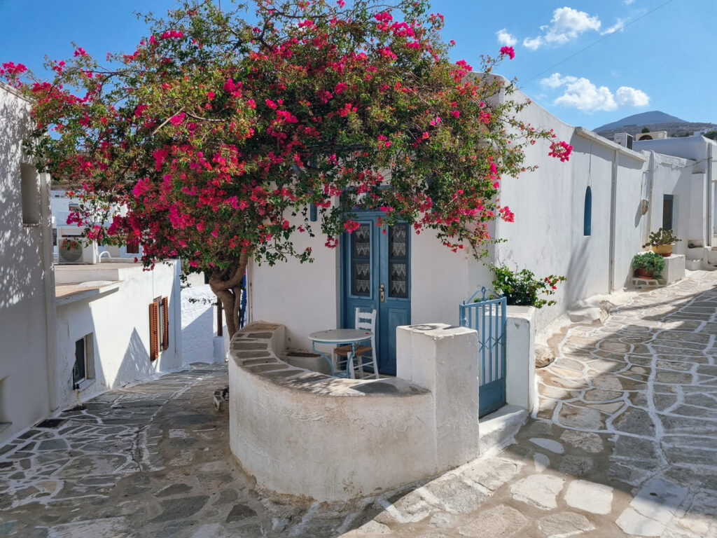 Weiße Gasse auf Paros mit blühender Bougainvillea, blauer Haustür und kleinem Tisch mit Stuhl.