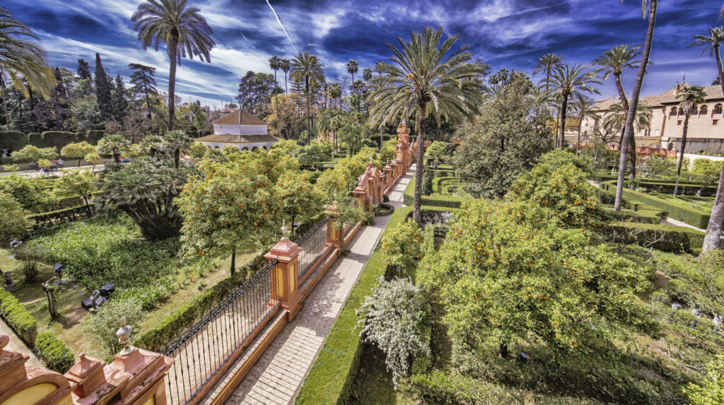Sevilla, formale Gärten des Real Alcázar mit Reihen von Orangenbäumen, hohen Palmen und geschnittenen Hecken, Weg entlang eines Ziergitters, Pavillon im Hintergrund unter blauem Himmel