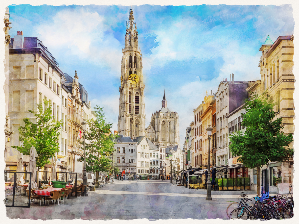 Aquarell von Antwerpen mit Liebfrauenkathedrale und Straßenszene