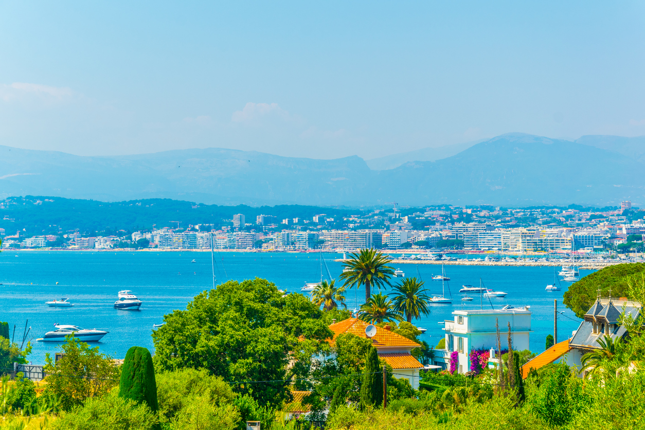 Panoramablick vom Cap d’Antibes über Palmen und Villen mit Terrakottadächern auf eine ruhige, türkisfarbene Bucht voller Yachten; dahinter die Skyline der Küste und sanfte Berge im Dunst.