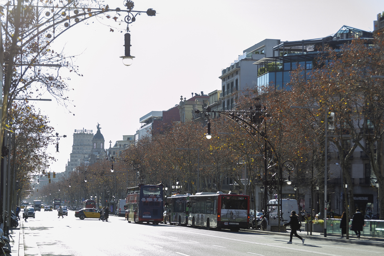 Eine breite Straße in Barcelona mit Bussen, Taxi und Passanten verläuft zwischen modernistischen Straßenlaternen, kahlen Platanen und repräsentativen Fassaden.