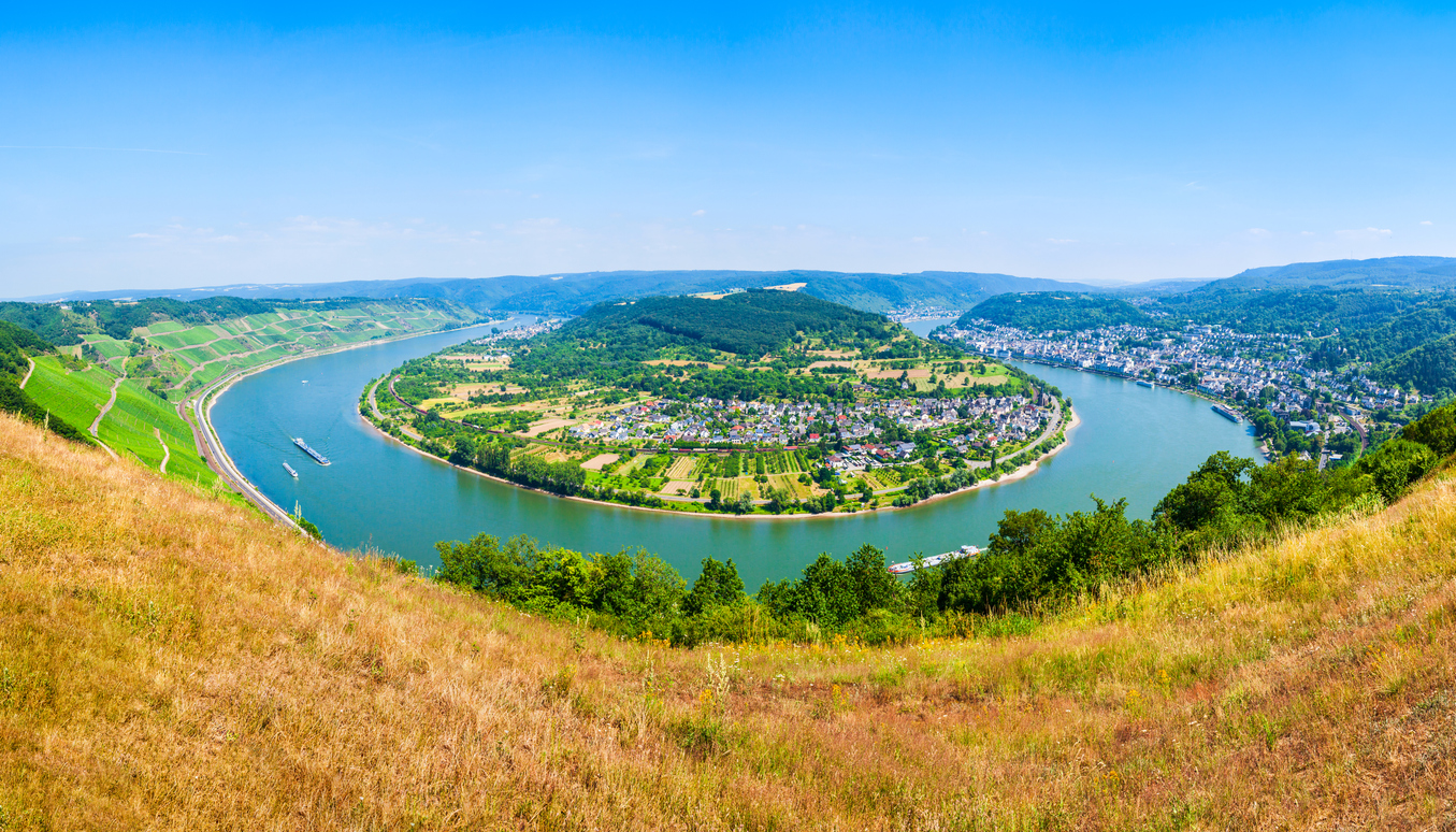 Panoramablick auf die Rheinschleife bei Boppard mit Weinbergen, Fluss und Ortschaft an einem klaren Sommertag.
