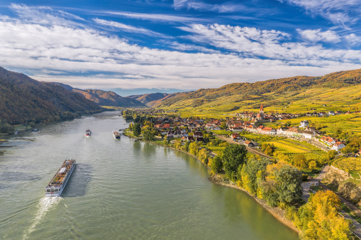 Luftaufnahme der Donau mit Kreuzfahrtschiffen vor Weißenkirchen, umgeben von herbstlichen Weinbergen.
