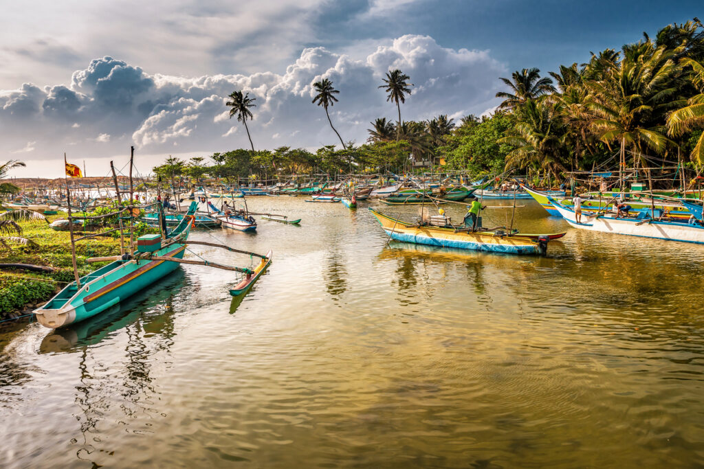 Zahlreiche farbige Ausleger-Fischerboote liegen in einer ruhigen Lagune in Sri Lanka, umgeben von Palmen und dramatischen Wolken.