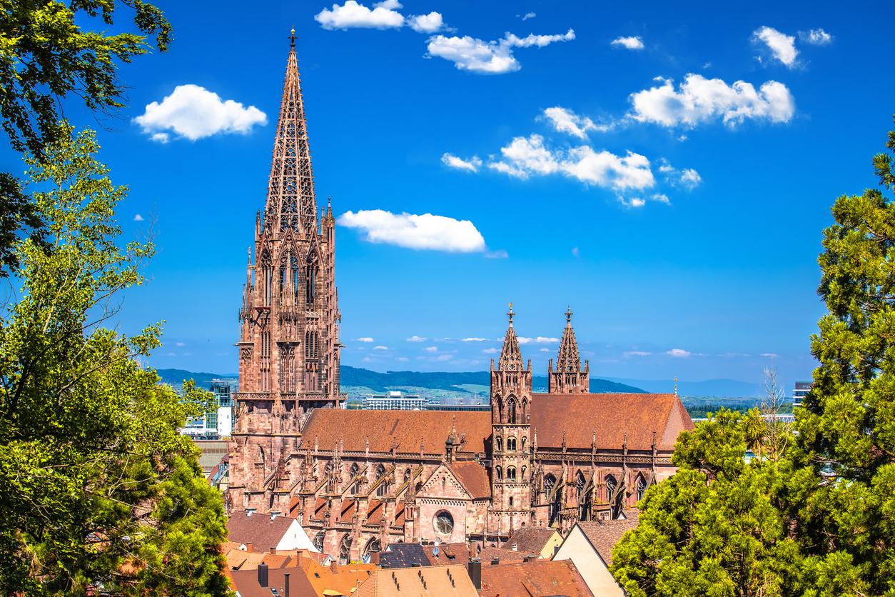 Der gotische Sandstein-Dom ragt mit spitzem Turm über die Dächer und wird von Bäumen gerahmt.