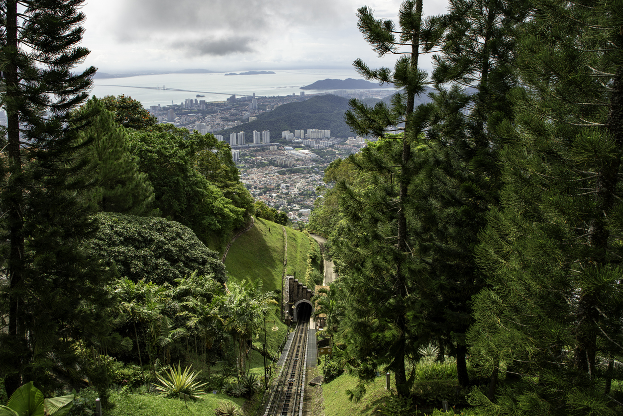 Standseilbahn-Gleise führen durch dichten Wald zu einem Tunnel, dahinter Stadt und Küste.