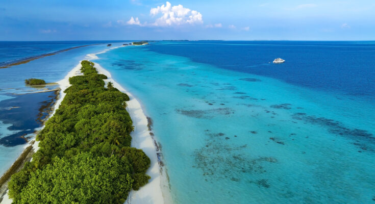 Luftaufnahme einer schmalen Insel mit weißem Strand, Palmen und klarem, türkisblauem Wasser.
