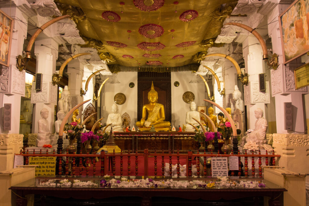 Schreinhalle im Zahntempel von Kandy mit goldener sitzender Buddhafigur, weißen Statuen, Blumenopfern und dekorativen Stoßzahn-Bögen.