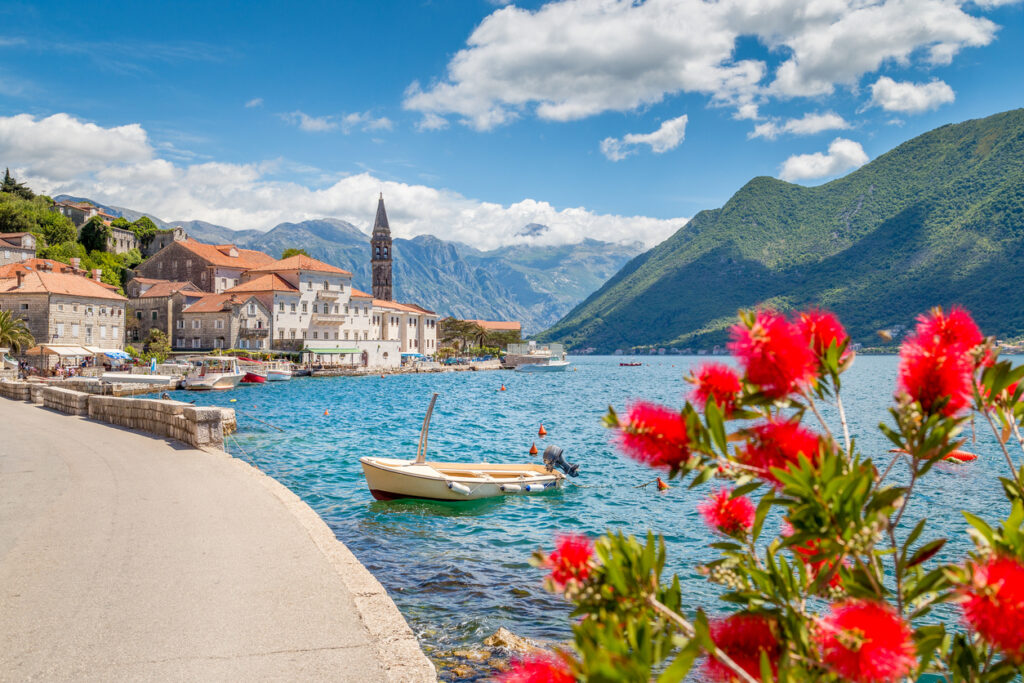 Küstendorf an der Bucht von Kotor mit Glockenturm, Booten und smaragdblauem Wasser vor bewaldeten Bergen und roten Blüten im Vordergrund.