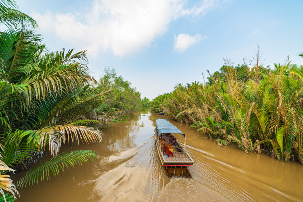 Überdachtes Holzboot fährt auf braunem Kanal zwischen dichten Palmen.