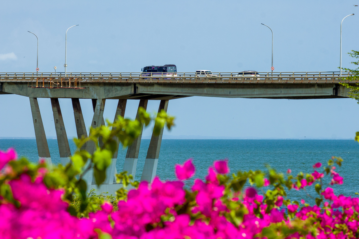 Die General-Rafael-Urdaneta-Brücke spannt sich über den Maracaibo-See mit Bougainvillea im Vordergrund.