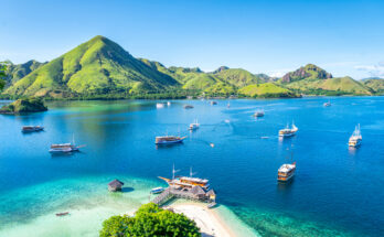 Türkisblaues Wasser mit Booten vor grünen Hügeln und kleinem Strand.
