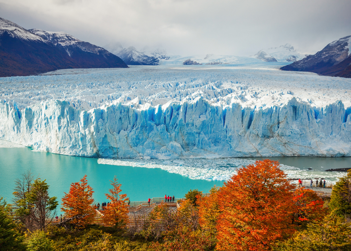 Breite Eisfront des Perito-Moreno-Gletschers über türkisfarbenem Wasser mit bunten Herbstbäumen im Vordergrund.