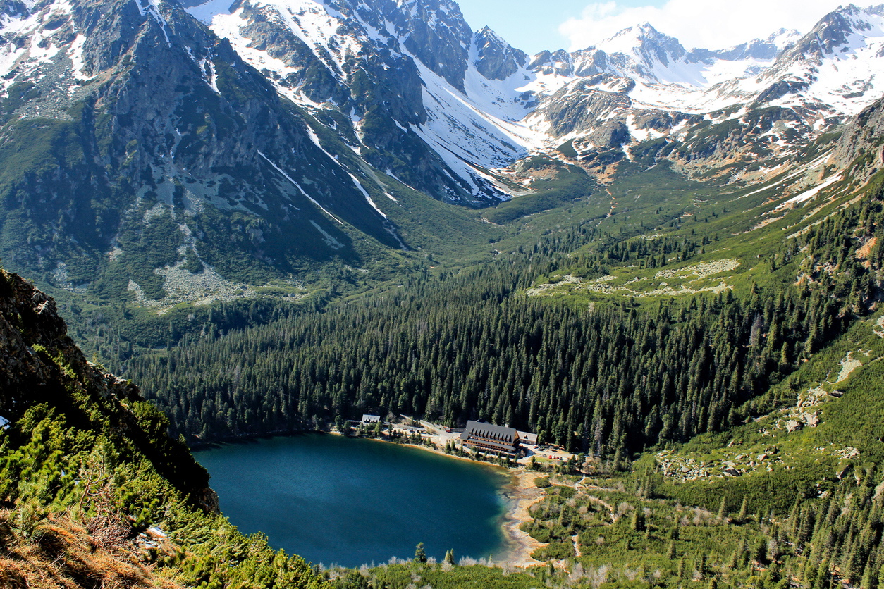Panorama mit dunkelblauem Bergsee, dichtem Fichtenwald und schroffen schneebedeckten Bergen.