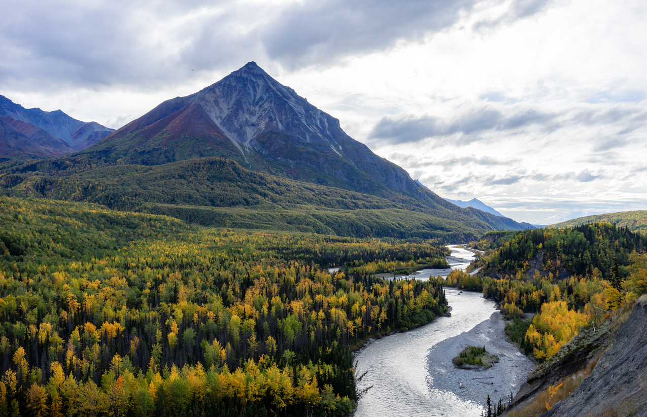 Gewundener Fluss durch herbstlichen Wald vor einem steilen Berg unter wolkigem Himmel in Alaska.