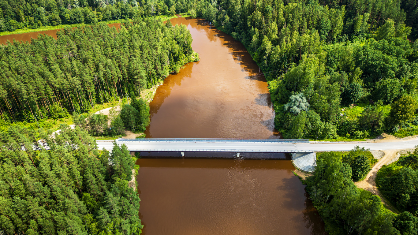 Luftbild einer Straßenbrücke über die Gauja zwischen dichten Wäldern.