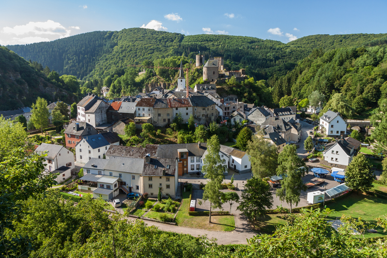Panorama von Esch-sur-Sûre mit Burg auf dem Hügel und dicht gedrängten Häusern im Tal.