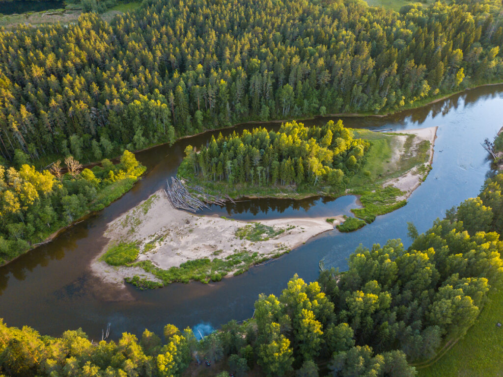 Aerial der Flussschleife der Gauja mit heller Sandbank und Mischwäldern.