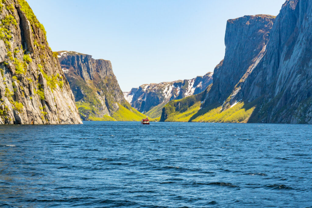 Rotes Ausflugsboot fährt durch einen tiefen Fjord im Gros Morne in Neufundland.