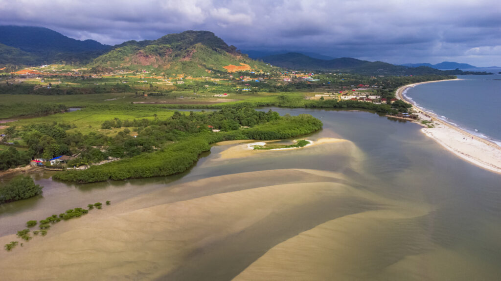 Luftbild mit grünen Mangroven, Flussarmen und langer Sandküste in Sierra Leone.