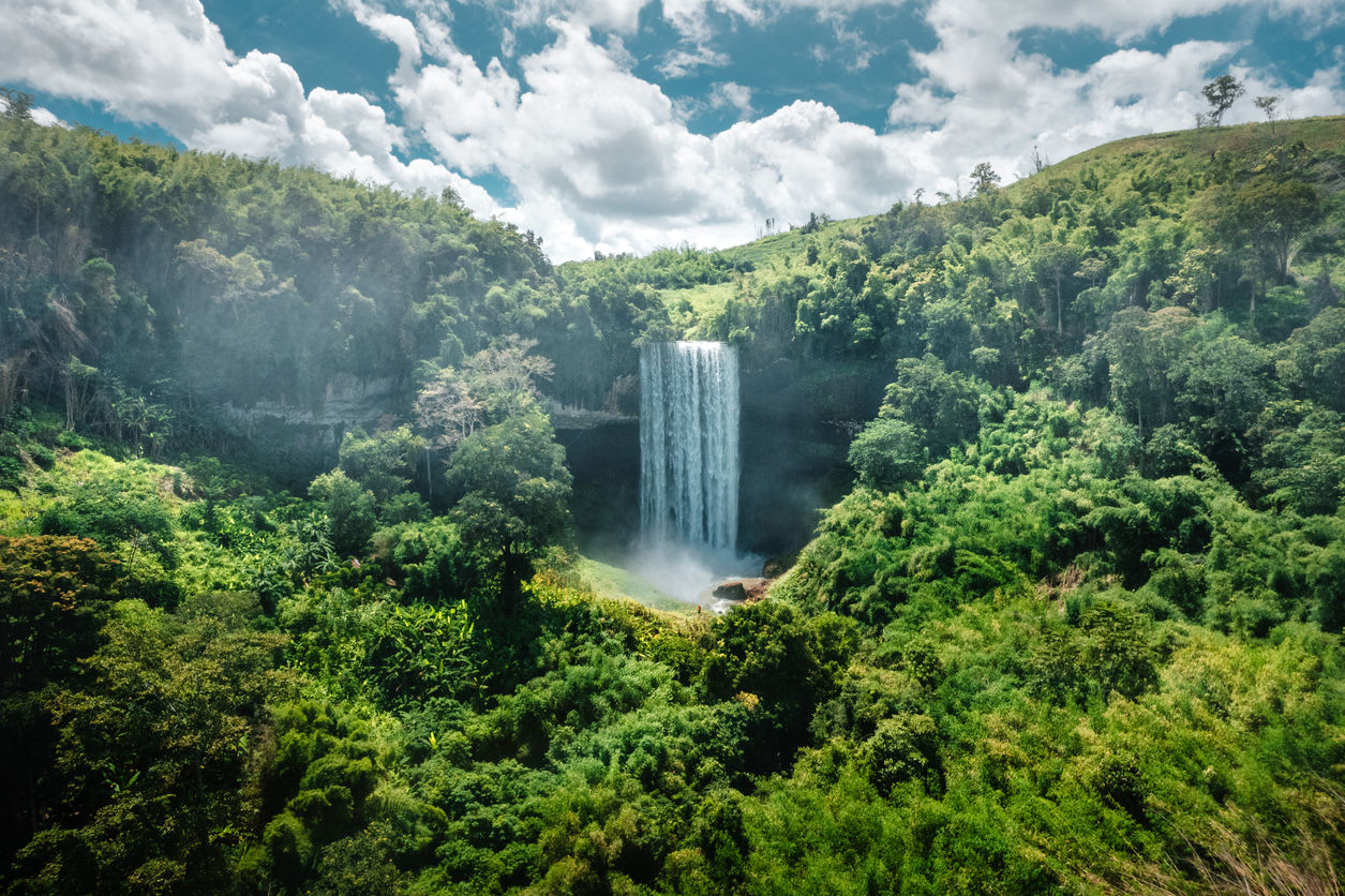Ein breiter Wasserfall fällt in ein tropisches Tal aus dichtem Wald.