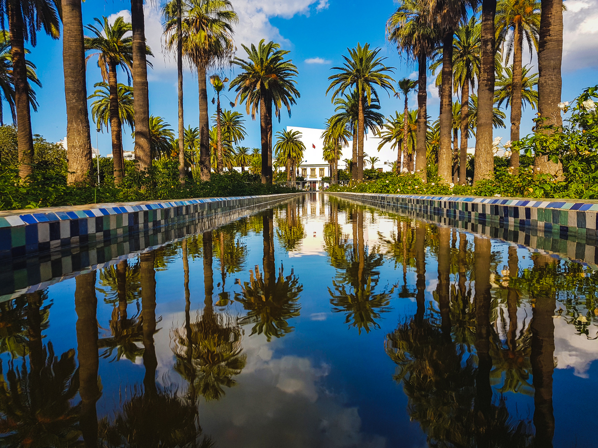 Spiegelbecken mit Palmenallee und hellem Gebäude in Casablanca unter blauem Himmel.