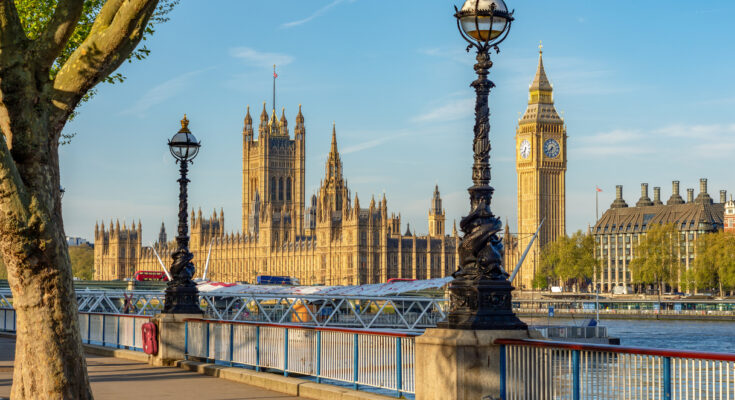 Blick über die Themse auf Big Ben und das Parlamentsgebäude in London.