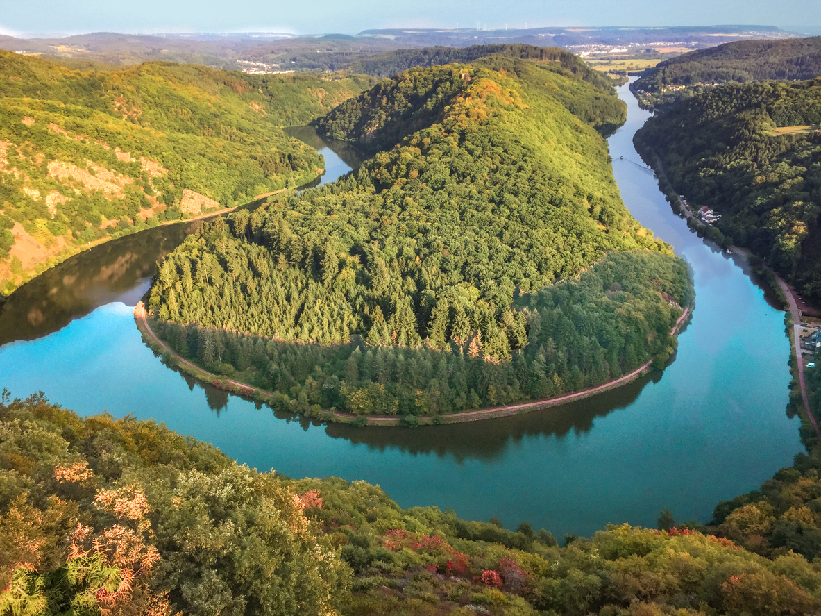 Blick auf die Saarschleife mit dicht bewaldeten Hügeln und dem ruhig fließenden Fluss.