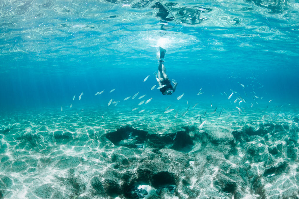 Freitaucherin taucht in türkisblauem Wasser über felsigem Meeresboden, kleine Fische schwimmen vorbei.