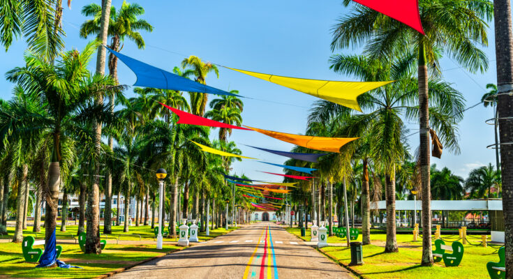 Farbige Sonnensegel hängen über einer geraden Straße mit vielen Palmen.