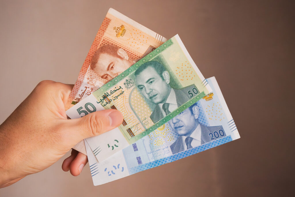 Eine Hand hält mehrere bunte Geldscheine vor einem neutralen Hintergrund.