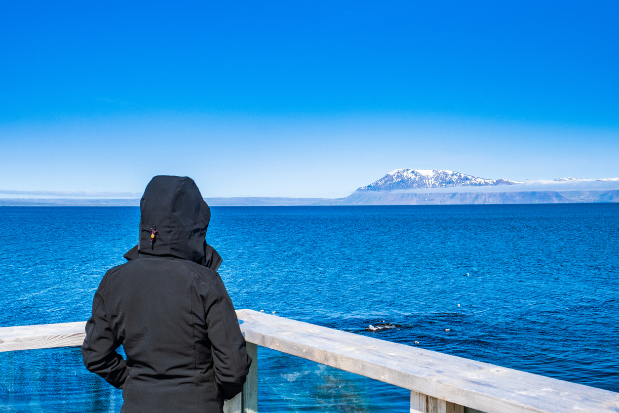 Eine Person in schwarzer Jacke steht in Island an einer Aussicht und schaut über das blaue Meer zu schneebedeckten Bergen.