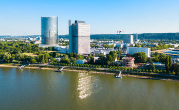Luftaufnahme des Rheinufers mit den markanten Hochhäusern des Post Towers und des Langen Eugens unter klarem blauem Himmel.