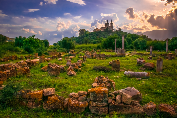 Ruinen aus massiven Steinen und Säulen liegen auf einer grünen Wiese, im Hintergrund steht die Basilika Saint-Augustin auf einem Hügel.