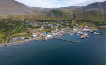 Luftaufnahme eines kleinen Ortes mit Hafen, Booten und Bergen an einer Küste in den Westfjorden auf Island.